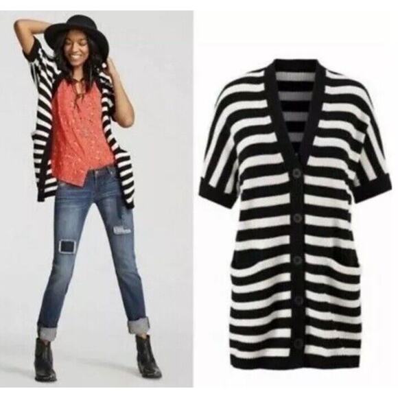 CAbi Black White Striped Sweater Whistle Cardigan Button-Up #5289 - Size Small - Picture 2 of 9